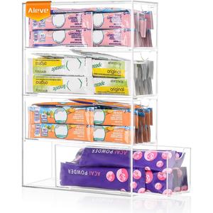 AIEVE Drink Packet Organizer, Drink Mix Holder with 4 Clear Drawers, Acrylic Water Flavor Packets Container, Kitchen Storage Organizers for Pantry Home Organization
