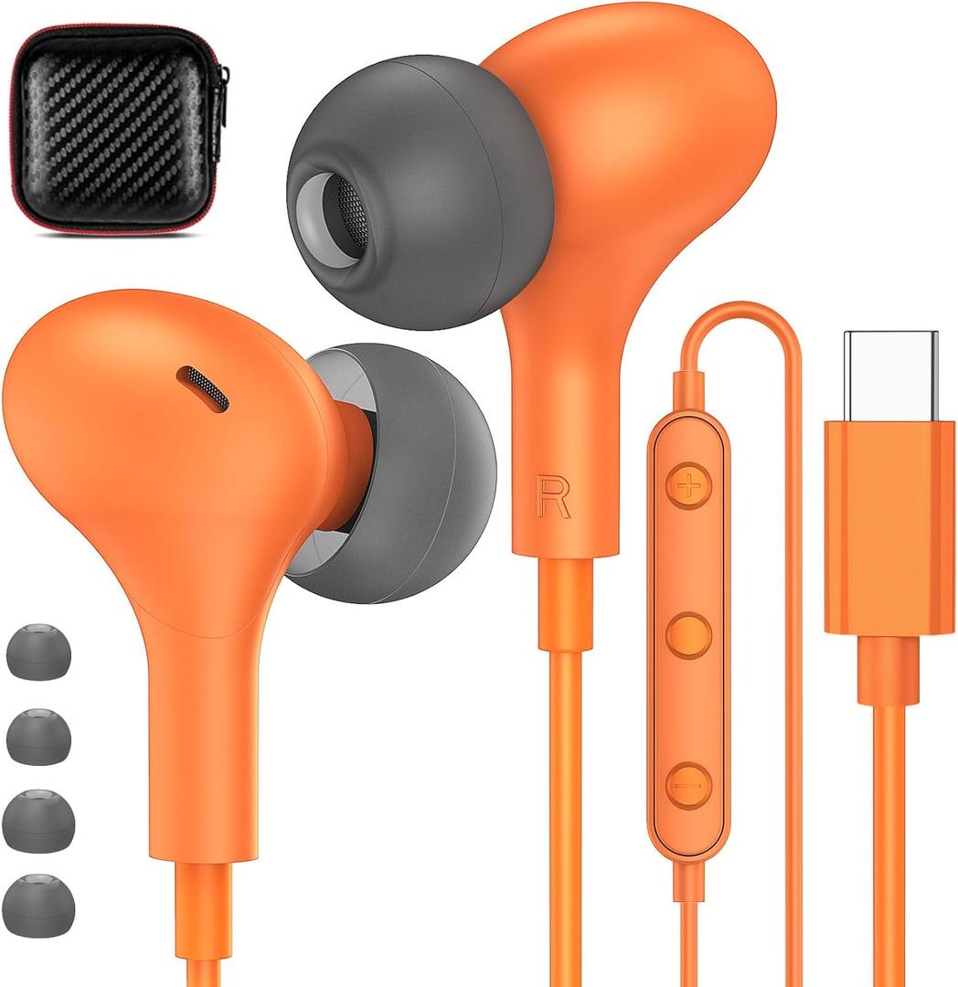 USB C Headphones for iPhone 17 16 15 Pro Galaxy S25 S26 Wired Earbuds with Microphone for Samsung S24 S23 S22 S21 Ultra, Magnetic Noise Canceling in-Ear Type C Earphone for iPad 10 Pixel 9 8, Orange