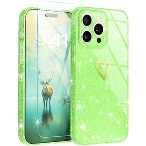 Qviskteme for iPhone 14 Pro Case Cute for Women Girls,Clear Glitter with [1 x Tempered Glass Screen Protector] Slim Phone Cases Shockproof Bumper Protective Soft Silicone Thin Cover 6.1"(Lime Green)
