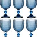 Blue Glasses Drinking Water Goblets set of 6 Vintage Glassware 13oz Colored Wine Glasses for Wedding Party Bar Vertical Line Embossed Pattern Stemmed Cups 