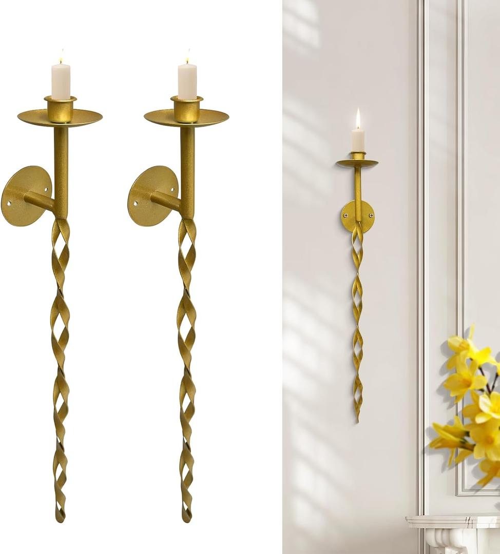 Glamativity Large 2 Pcs Gold Metal Wall Long Candle Holders Twisted Sconces Dcor, 22.5 x 2.4 Retro Chic Wall Sconces Candle Holder Decoration, Wall Mount Metal Candlestick Holder