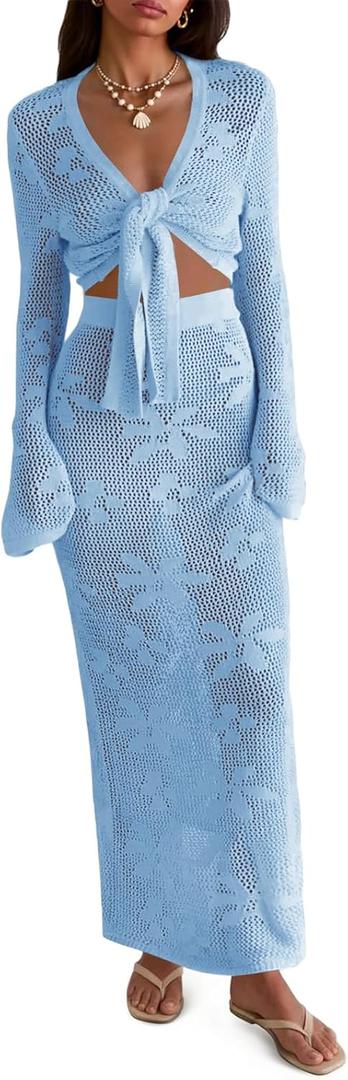Saodimallsu Womens Crochet Swim Cover Up 2 Piece V Neck Long Sleeve Wrap Tie Crop Tops Beach Boho Maxi Coverup Set (Blue, S)