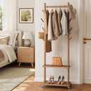 Yoobure Solid Wood Coat Rack Freestanding - Rolling Clothes Rack with 8 Hooks & Shelves, Small Clothing Rack with Wheels, Heavy Duty Clothing Racks for Hanging Clothes, Portable Hall Tree for Entryway