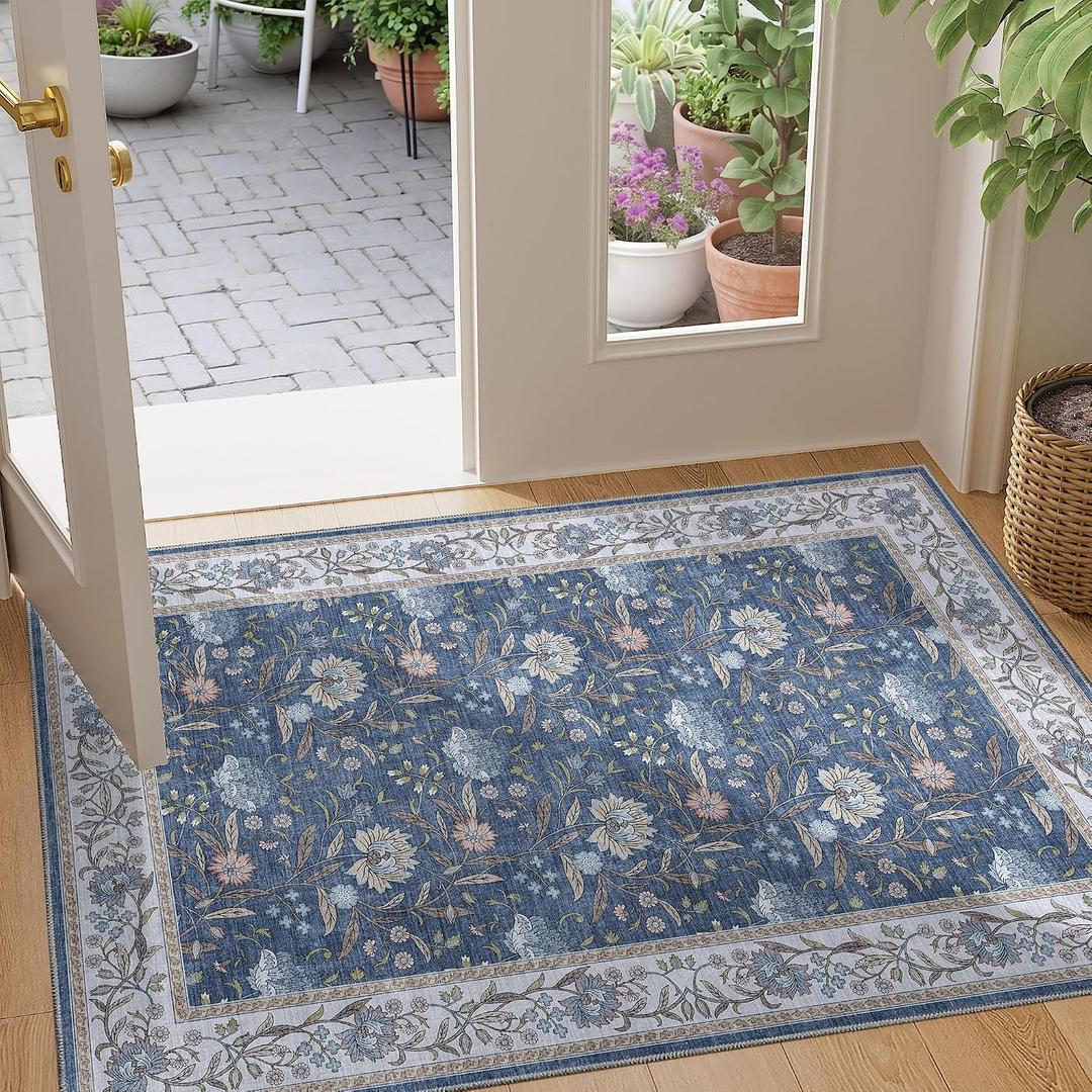 DUKINO 2x3 Rugs for Entryway, Washable Vintage Floral Small Area Rug with Non Slip Backing, Soft Door Mat Indoor Entrance Low Pile Floor Carpet for Kitchen, Bathroom, Bedroom, Farmhouse, Sky Blue