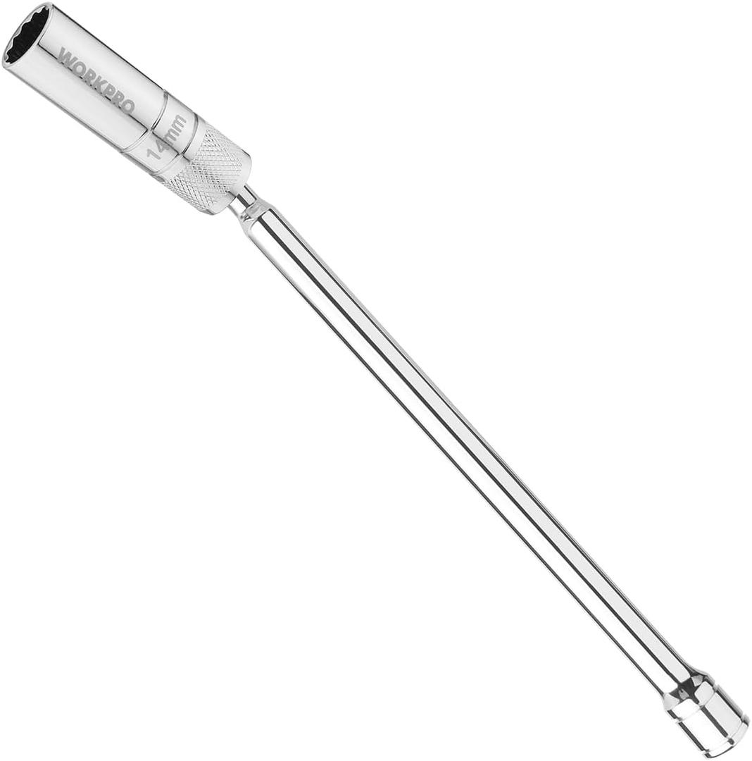 WORKPRO 14 mm Magnetic Spark Plug Socket with Magnetic Design, Swivel Thin Wall Spark Plug Socket, 3/8" Drive x 12" Total Length, 360 Degree Swivel, 12 Point