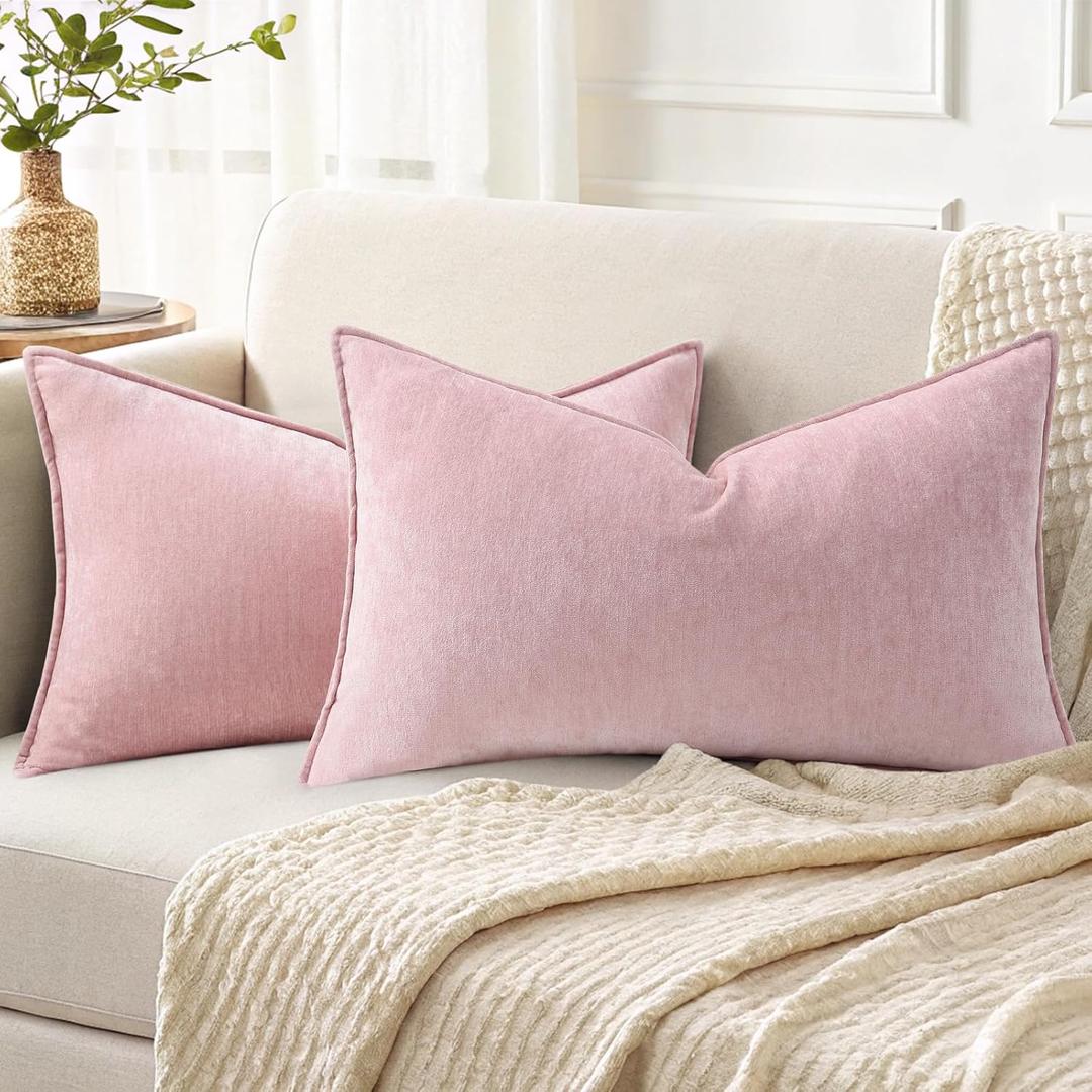decorUhome Summer Couch Throw Pillow Covers 12x20 Set of 2, Decorative Soft Velvet Modern Cozy Chenille Lumbar Pillow Cases with Elegant Design for Sofa Bed Living Room Home Decor, Blush Pink