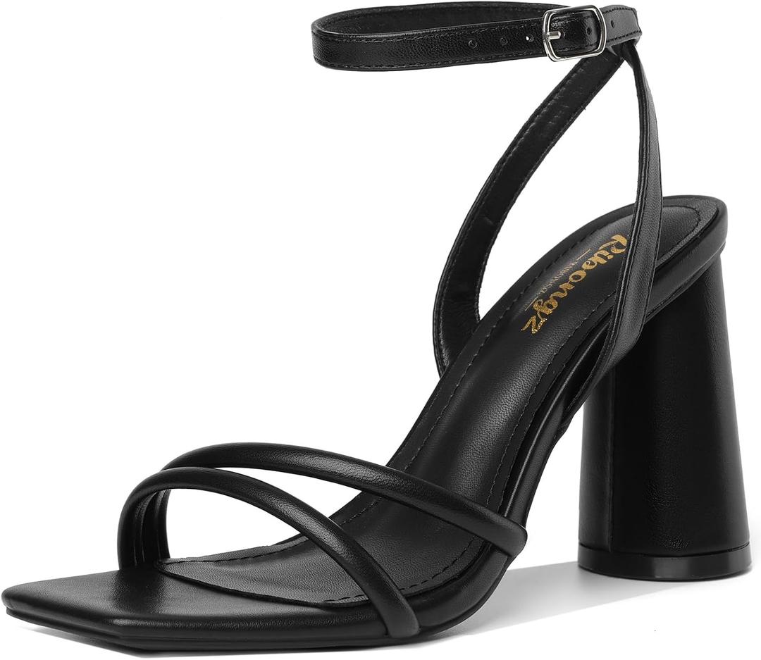 RIBONGZ Block Heels Prom Heeled Sandals for Women Chunky Square Open Toe Strappy High Heels Ankle Strap Wedding Bridal Shoes High Heel Sandals for Party Dress (Black)