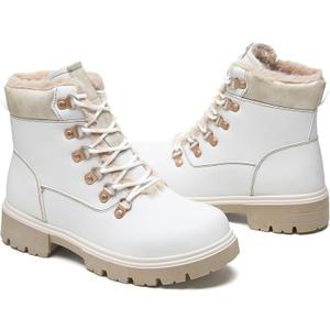 Women Winter Snow Boots with Fur Lined,Black Low heels Combat Ankle Boots,Non Slip Leather Ankle Boots for Women (8, White)