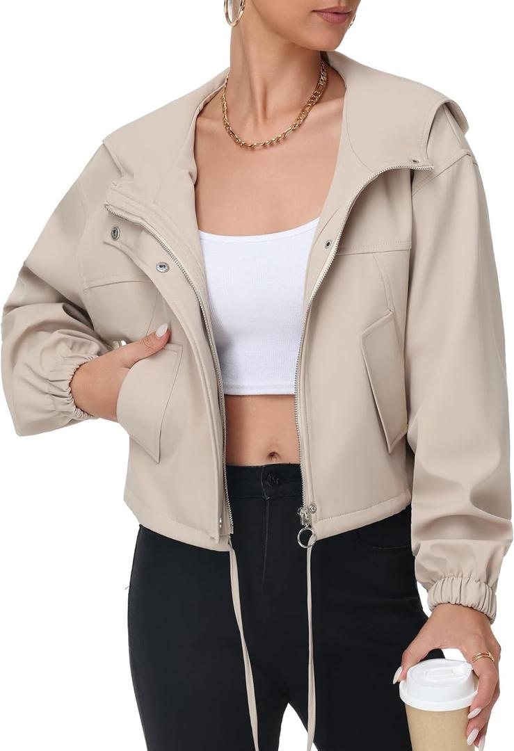 Simlakey Women Cropped Bomber Jacket Lightweight Casual Zip Up Long Sleeve Hooded Short Outerwear Loose Fit with Pockets (Apricot, S)