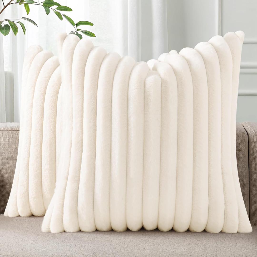 Pallene Faux Fur Plush Throw Pillow Covers 26x26 Set of 2, Luxury Soft Fluffy Striped Decorative Pillow Covers for Sofa, Couch, Living Room, Cream White