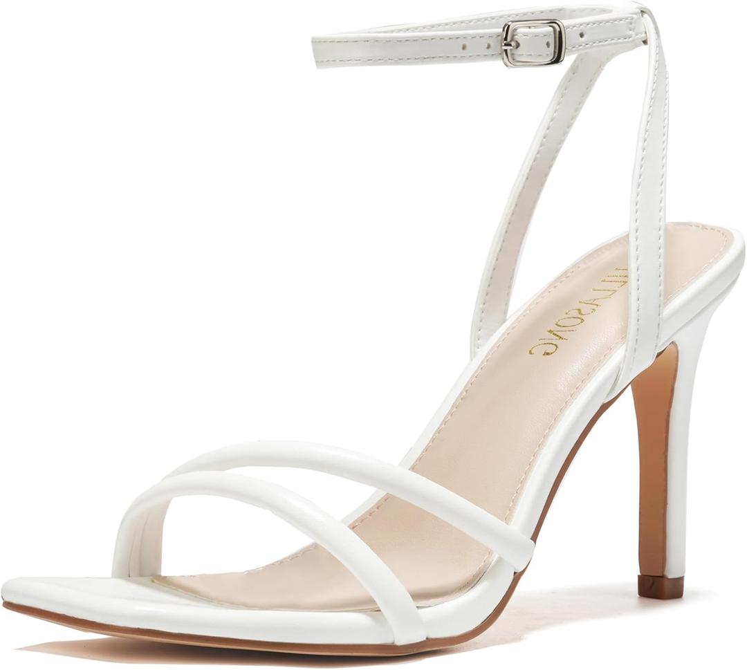 Women's Heels Strappy Ankle Strap High Heels 3.5 Inch Heeled Square Open Toe Sandals for Women (10, White)