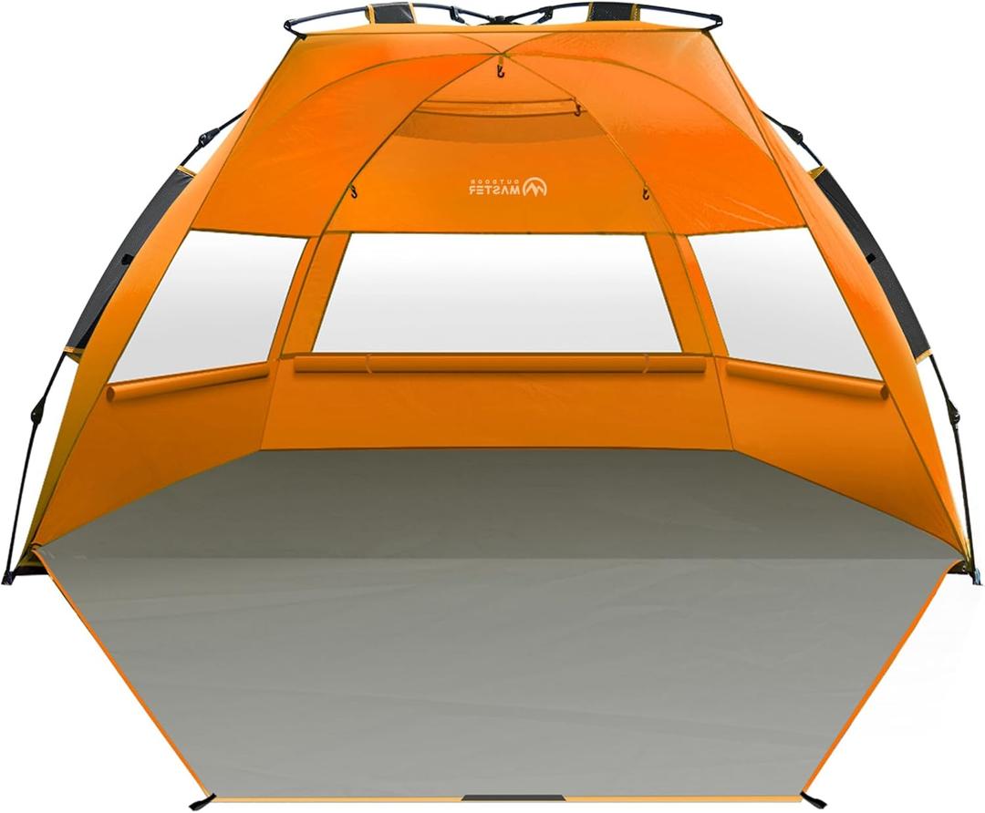 OutdoorMaster Beach Tent Sun Shelter for 3-4 Person, Pop Up Beach Tent Easy Setup with Sandbags, Portable Sun Shade Canopy with Carrying Bag for Beach & Outdoor, UPF50+ UV Protection, Family Size (X-Large, Orange)