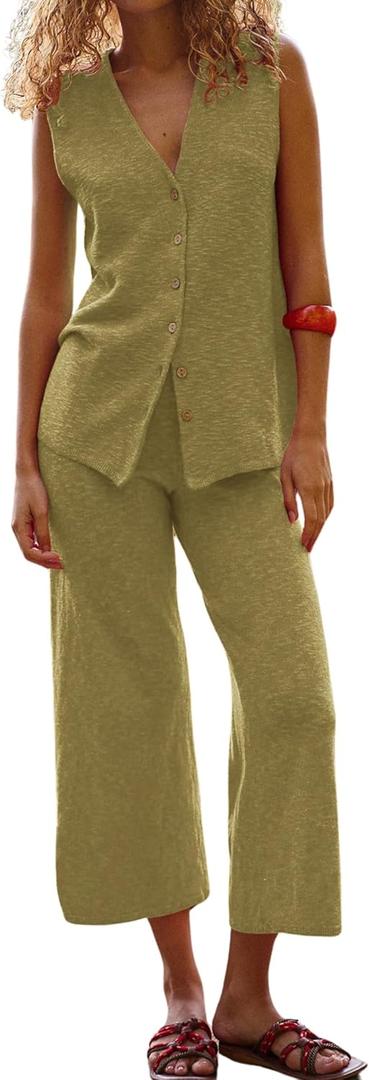 SeekMe Women's 2025 Sweater Set Sleeveless Button Down Vest Wide Leg Pants 2 Piece Outfits Summer Casual Matching Loungewear (Green, S)