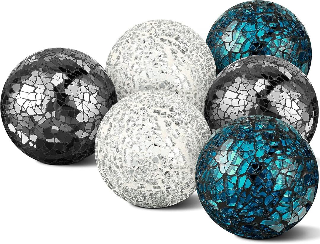 Cunhill 6 Pieces Decorative Balls for Bowls 6.5 cm / 2.5 Inch Orbs Glass Balls for Centerpiece Bowls Mosaic Sphere for Home Decoration Dining Table Christmas Party (Sliver,Turquoise,Black)