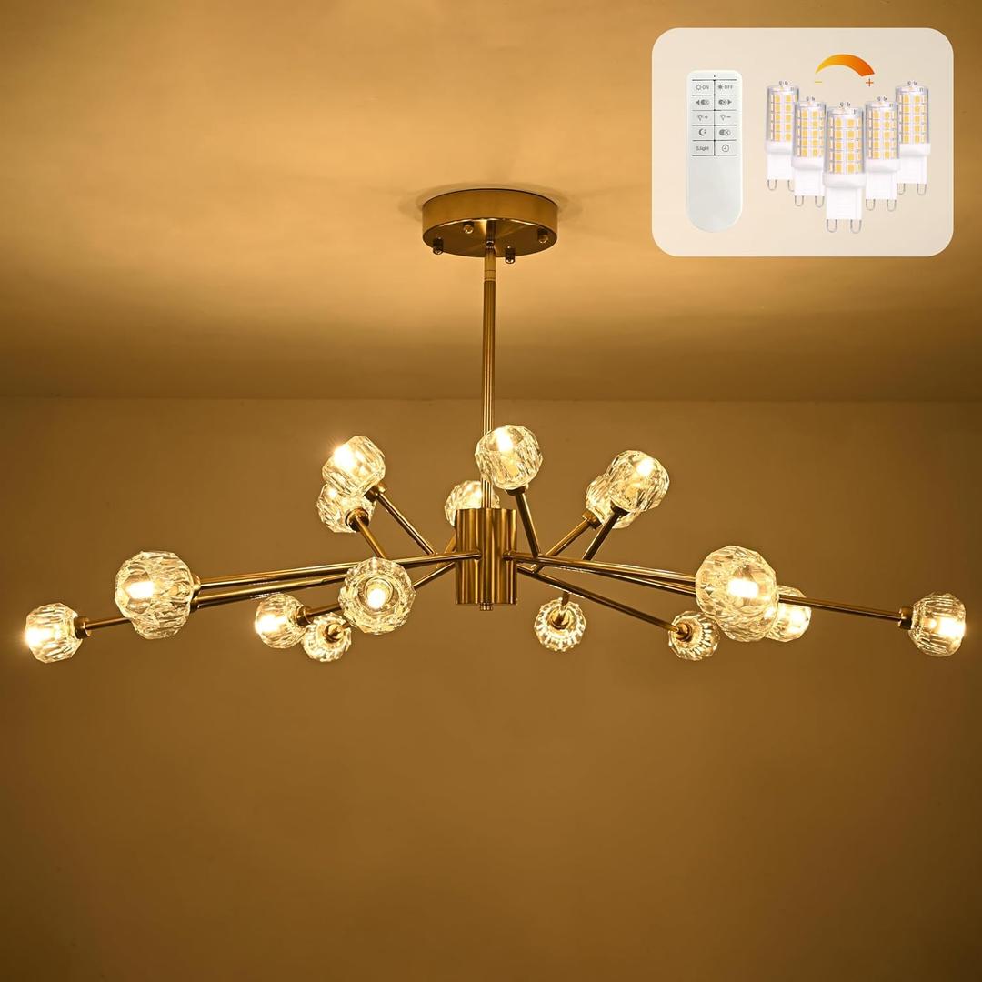 47.2" Gold Sputnik Chandeliers 18 Lights Modern Crystal Sputnik Chandelier Modern Crystal Pendant Light Chandelier Branches Chandeliers for Bedroom Kitchen Living Room (Dimmable Bulb & Remote Incl.)