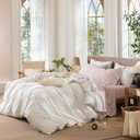 MooMee Gingham Sheet Set 100% Washed Cotton Linen Like Textured Breathable Soft w/Fully Elasticized 16-19" Deep Pocket (Classic Gingham Greyish Pink, Queen)
