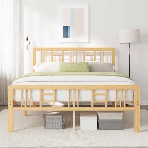 Viisari Bamboo Wood Queen Bed Frame with Headboard and Footboard, 14 Inch Platform Bed Frame Queen Size No Box Spring Needed with Steel Slats, Solid Foundation, Easy Assembly, Ample Under-Bed Storage