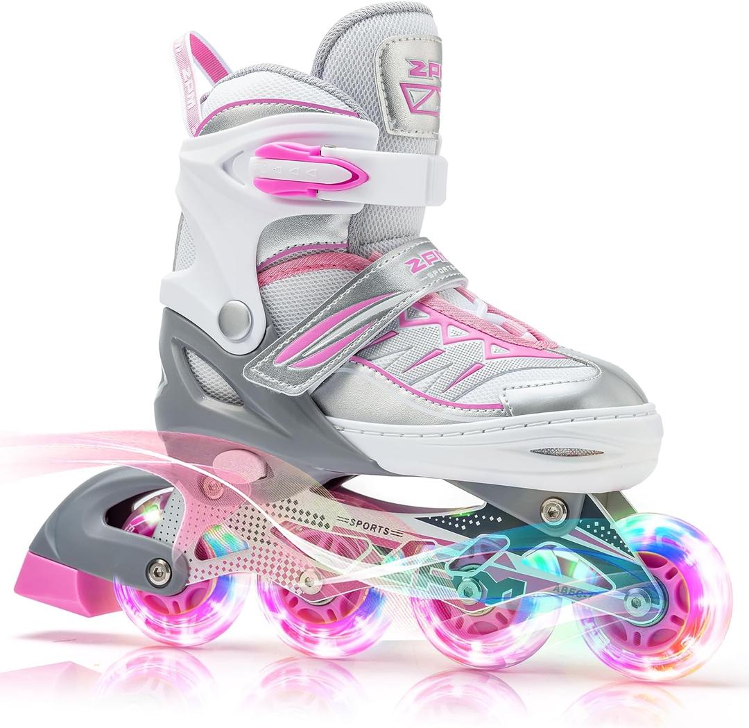 2PM SPORTS Cytia Pink Girls Adjustable Illuminating Inline Skates with Light up Wheels, Fun Flashing Beginner Roller Skates for Kids (Small - Little Kids (10C-12.5C US), silver)
