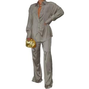 Satin Two Piece Outfits for Women Long Sleeve Lapel Button Down Tops Wide Leg Pants Pajama Set (Small, Grey)