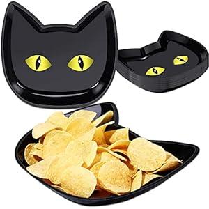 Sawysine 24 Pieces Halloween Party Serving Trays, Plastic Orange Pumpkin Black Cat White Ghost Plates Halloween Party Tableware Supplies for Holiday Decorations(Black, Cat)