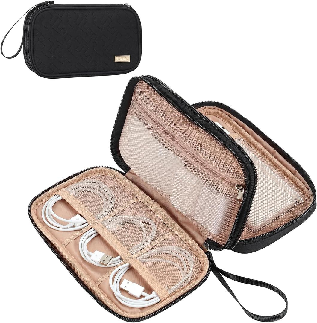 NISHEL Travel Cord Organizer Case, Double Layers Tech Electronic Bag, Essentials for Charger, Cable, Phone, Flash Drive, Black