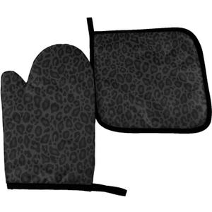 Perinsto Black Leopard Oven Mitts & Pot Holders Kitchen Set Heat Resistant Decorative Cooking Gloves Microwave Oven Gloves for Baking Grilling BBQ