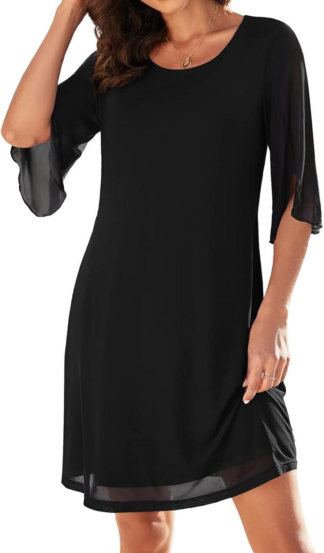Actcat Women's Casual Loose 3/4 Sleeve Stretch Mesh Wedding Guest Dress Scoop Neck Cocktail Party Formal Dresses (Black, XL)