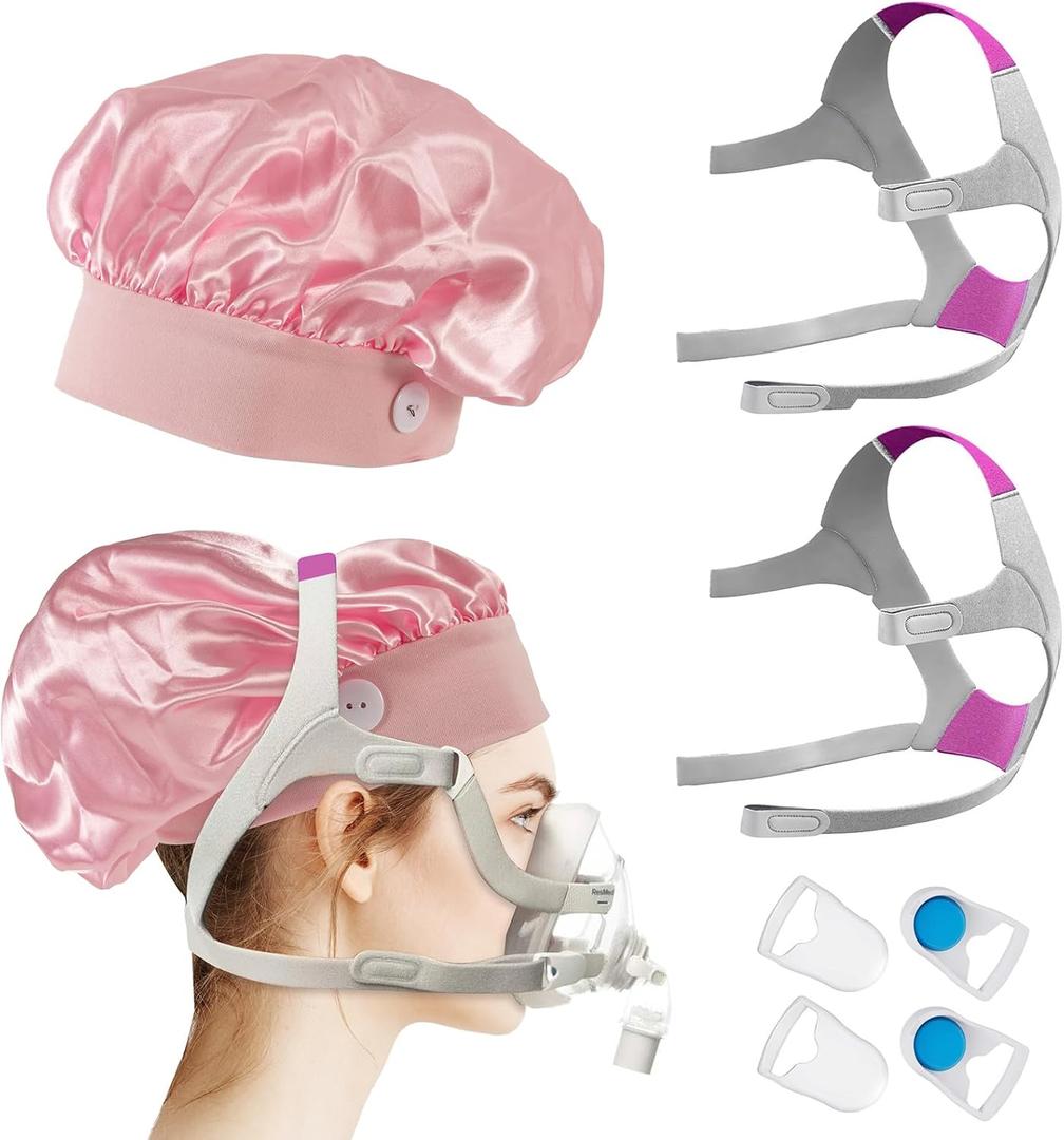 2-Pack F20 Headgear Replacement Compatible with AirFit/AirTouch F20 CPAP Mask Headband with 4 Clips+2Pcs Satin Covers Headgear Pads Satin Sleep Hat Cap for Most Headgear Strap Elasticity Hair Saver