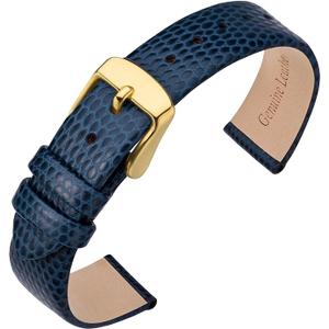 ANNEFIT Women's Leather Watch Band 10mm 12mm 13mm 14mm 15mm 16mm 18mm 20mm, Lizard Grain Slim Thin Replacement Strap (Blue/Gold Buckle)