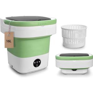 Portable Washing Machine, 16L Upgraded with Spin Basket Laundry Machine, 3 Modes Deep Cleaning, Upgraded Small Collapsible Laundry for Hotel, Apartment, Home and Travel  Green