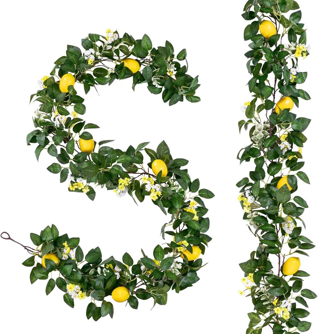 U'Artlines 4Pcs Total 24 Ft Artificial Lemon Garland Spring Summer Faux Fruit Vine Garlands with Greenery for Door Wall Mantle Wedding Party Table Decorations