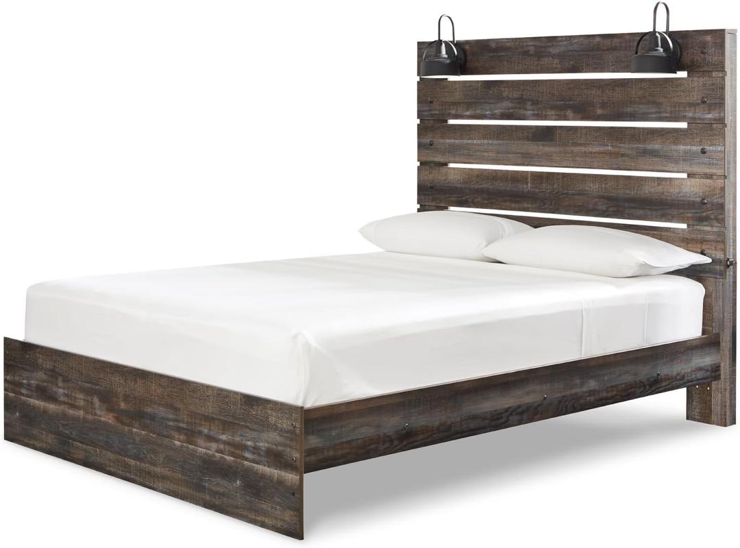 Signature Design by Ashley Drystan Rustic Queen Panel Bed, Sconce LED Lights, USB Ports and Nailheads, Foundation or Box Spring Needed, Dark Brown & Gray