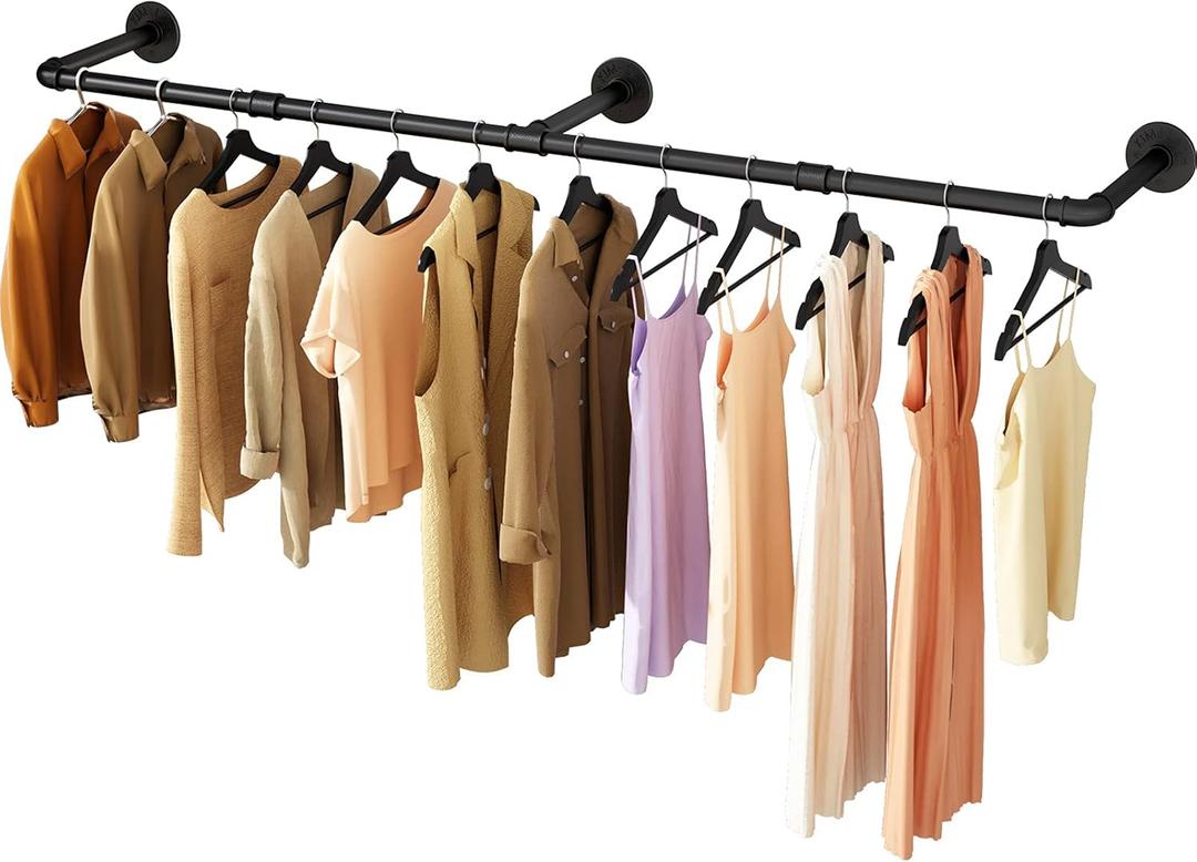 Wall Mounted Clothes Rack 72.5in, Industrial Pipe Clothing Racks Wall Mount, Heavy Duty Detachable Iron Garment Bar, Saving Space, Multi-Purpose Hanging Rod for Bedroom, Laundry Room, 1 Pack