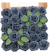 TINGE TIME Artificial Flowers, 25pcs Real Looking Dusty Blue Rose Fake Roses w/Stem for DIY Wedding Bouquets Centerpieces Arrangements Party Baby Shower Home Decorations