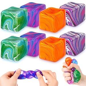 8 Pcs Stress Cube Bulk Ice Cube Stress Ball Anxiety Relief Soft Squeeze Sensory Ball for Party Favors Prizes Goodie Bag Stuffers (Pink,Purple,Green,Orange)