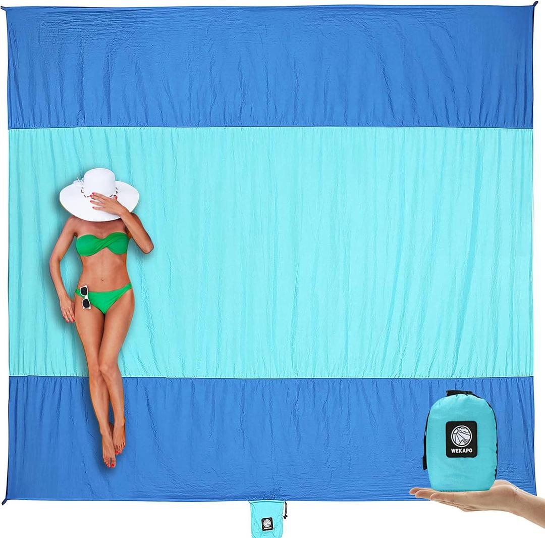 WEKAPO Beach Blanket Sandproof Waterproof, Extra Large Beach Mat, Oversized & Compact Sand Free Mat Quick Drying, Lightweight & Durable with 6 Stakes & 4 Corner Pockets (9x10 FT (8 person), Blue)