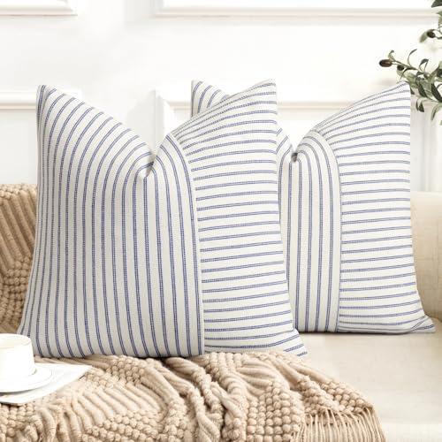 YCOLL Farmhouse Pillow Covers 18x18, Modern Accent Square Throw Pillow Covers Set of 2, Blue and Beige Striped Patchwork Linen Decorative Pillows Cushion Covers for Couch Chair Bedroom Home Decor