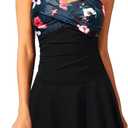 Aqua Eve One Piece Swim Dress Tummy Control Swimsuit with Skirt Modest Bathing Suit Vintage Swimdress (X-Large, Black Floral)