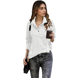 Womens Plush Fleece Henley Sweatshirt Convertible High Neck and V Neck Pullover (White, M)