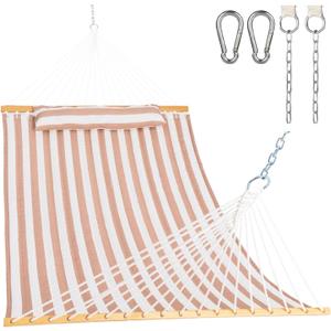 Lazy Daze 12 FT Quilted Double Hammock with Spreader Bar, 2-Person, Outdoor Hammock for Patio, Poolside, Backyard, Beach, 450 lbs Capacity, Beige White