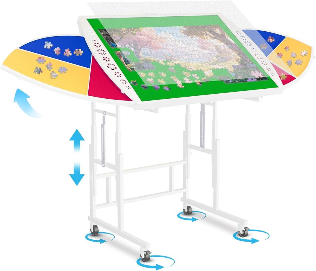 1500 Pieces Tilting & Rotating Puzzle Table with 6 Drawers & Cover, 38.8"x24" Adjustable Metal Puzzle Table with 5 Tilt Angle & 10 Height Adjustment, Portable Puzzle Tables with Legs for Adults