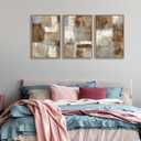 Large Abstract Framed Wall Art - Natural Float Framed Canvas Pictures Wall Art Prints for Living Room Decor Rustic Artwork Brown for Bedroom Kitchen Home Office Decoration 48" X 24" Set of 3, 16" X 24" X 3pieces Framed