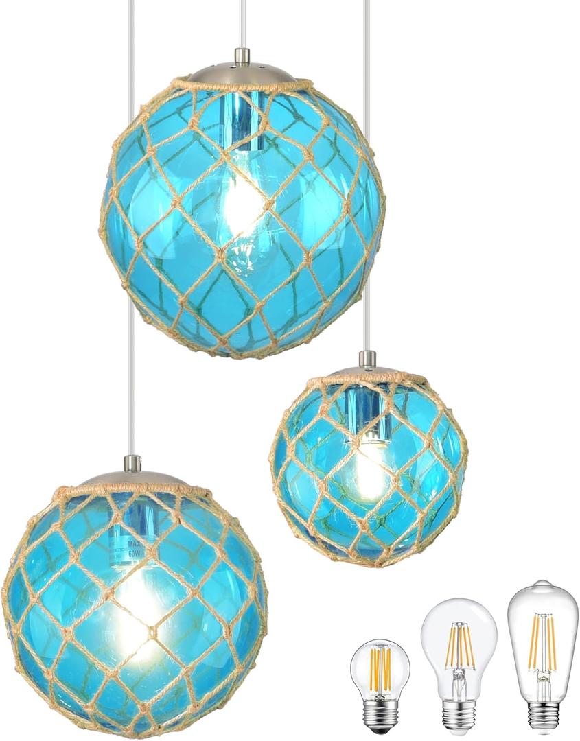 3-Light Blue Coastal Pendant Light Kitchen Island 3 Globe Glass Ocean Chandelier Beach House Boho Chandelier Hanging for Dining Room Living Room Bedroom Foyer (Bulb Incl.)