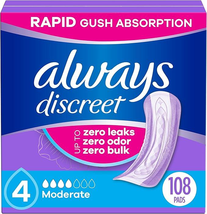 Always Discreet Adult Incontinence Pads for Women, Moderate Absorbency, Regular Length, Postpartum Pads, 108 Count (2 Packs of 54)
