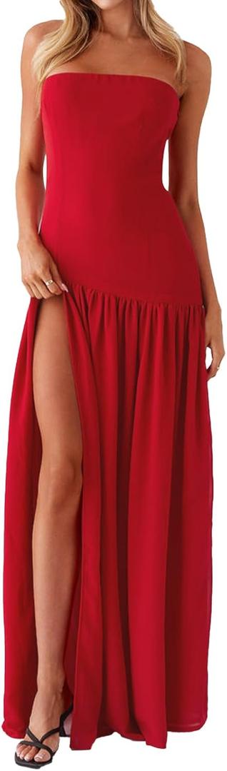 Women Tube Top Dress Tiger Stripe Mesh Patchwork Maxi Dress Strapless Sexy High Slit Long Dresses Party Clubwear (Large, Red)