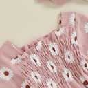 FOMOYUU Newborn Baby Girl Romper Fall Long Sleeve Square Neck Smocked Flower Print Clothes Outfit with Headband (Pink)