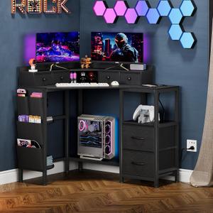 VENNQD Corner Desk with 6 Drawers Shelves for Small Space Computer Desk with Power Outlets,Gaming Desk with Printer Monitor Stand Storage for Home Office Workstation Writing Table (Black, 31.5)