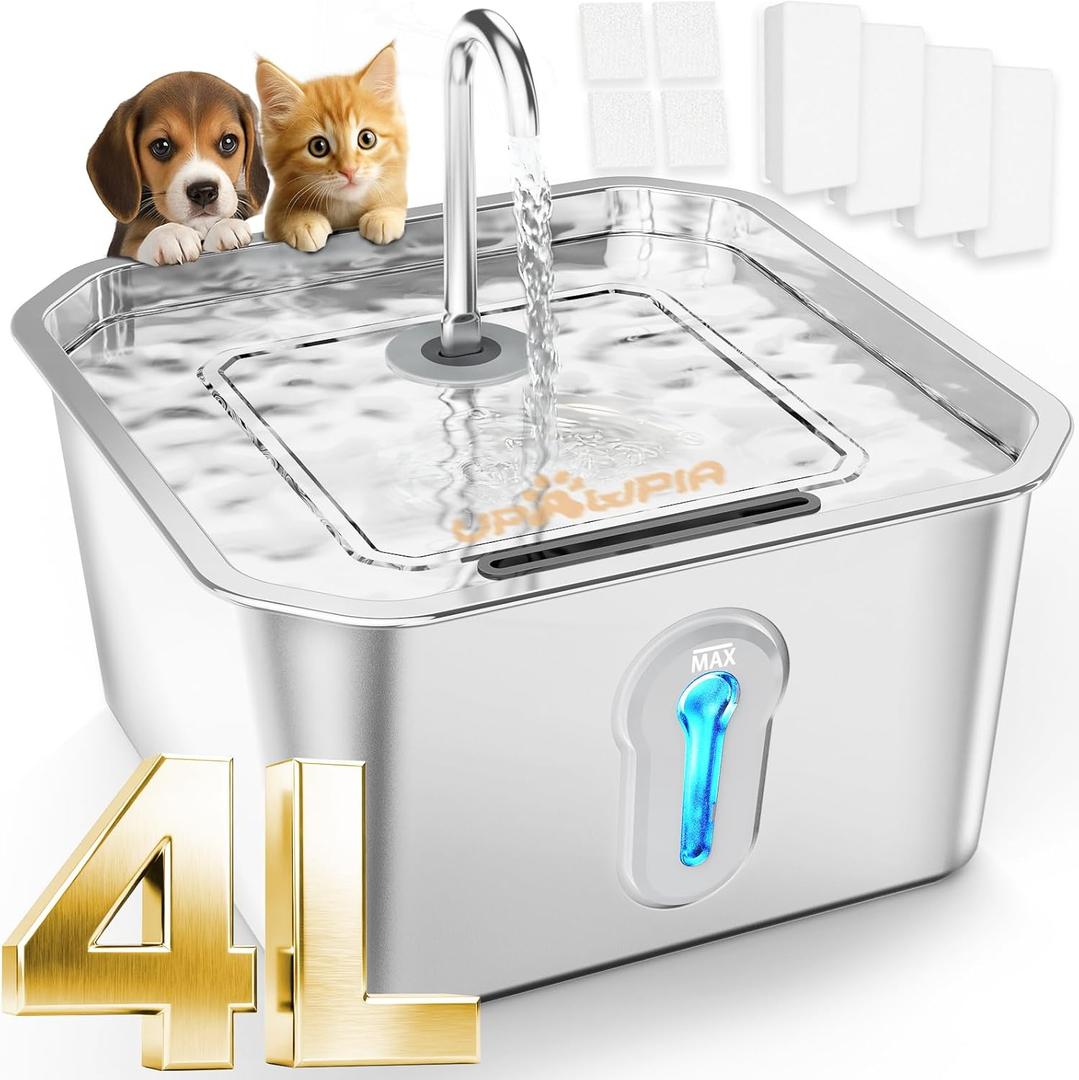 Cat Water Fountain Stainless Steel 135oz/4L with 4 Filters 4 Sponge Pet Water Fountain for Cats Indoor Pets Dog Small Animal Automatic Dog Water Dispenser Quiet