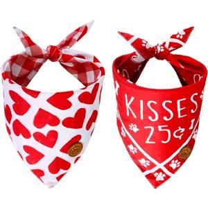 CROWNED BEAUTY Valentines Day Dog Bandanas Large 2 Pack,Kisses Adjustable Triangle Holiday Plaid Reversible Scarves for Medium Large Extra Large Dogs Pets DB15
