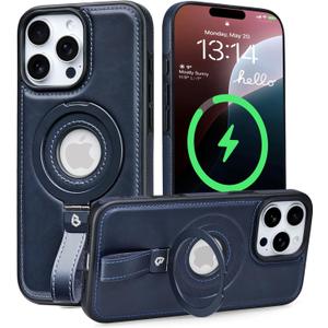 Butaiga for iPhone 16 Pro Leather Case with Stand, Anti-Slip Grip Ring, Fits for MagSafe (Blue, iPhone 16 Pro)